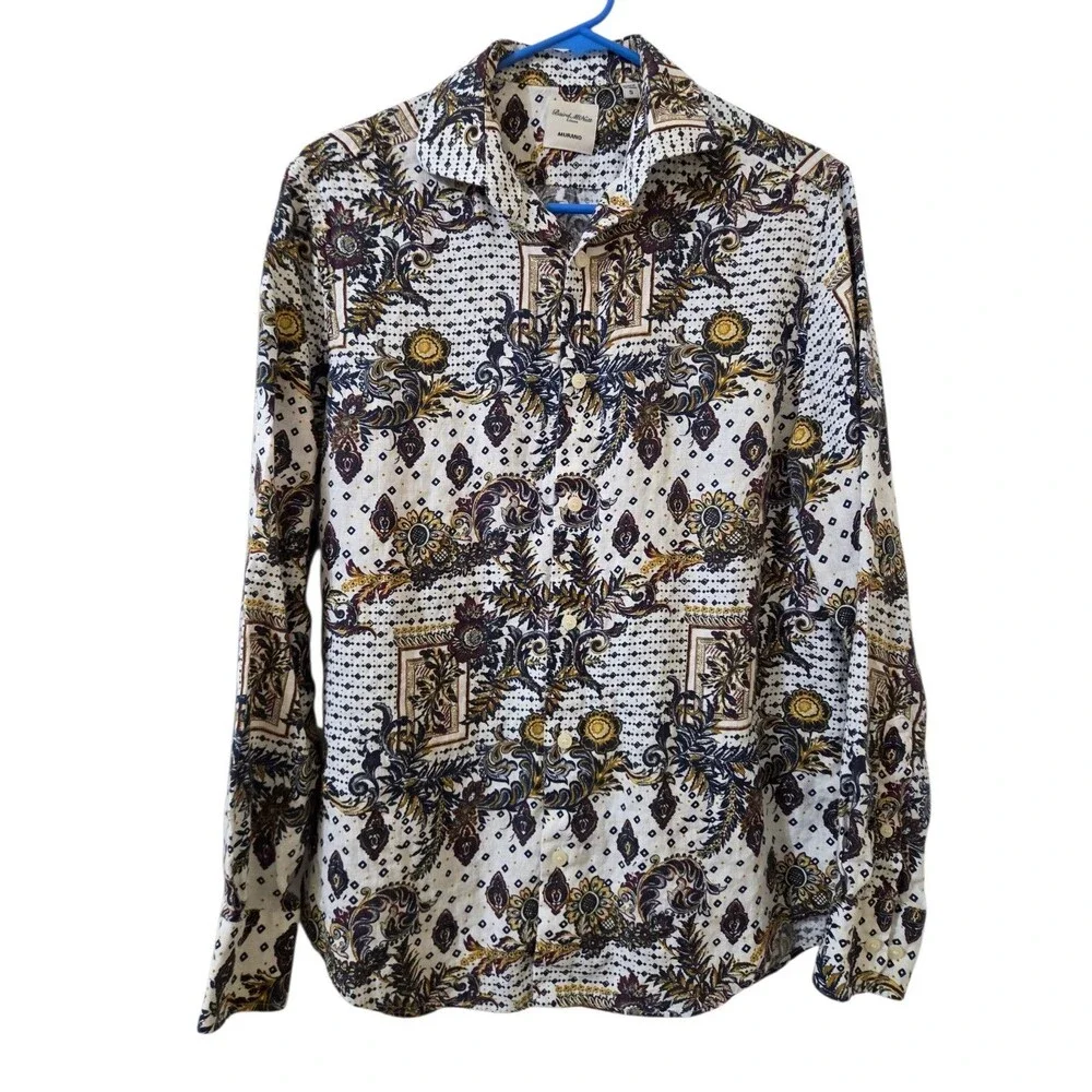 Baird McNutt Linen Murano Shirt Men's S Blue White Floral Paisley Button Up D131 - Picture 12 of 12